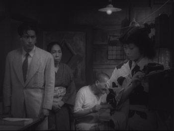 Movie still from “Stray Dog” (1949), directed by Akira Kurosawa – A group of people standing in a room; Medium shot, High angle