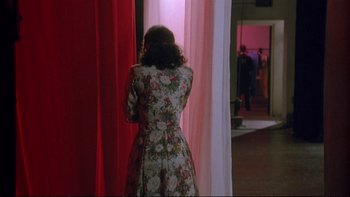 Movie still from “Strictly Ballroom” (1992), directed by Baz Luhrmann – A woman in a floral dress standing in front of a window; Wide shot, Over the shoulder angle
