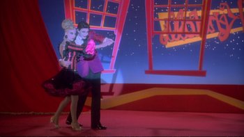 Movie still from “Strictly Ballroom” (1992), directed by Baz Luhrmann – A man and a woman dancing in front of a window; Wide shot, Low angle