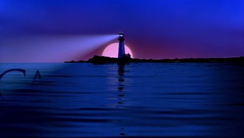 Movie still from “Striptease” (1996), directed by Andrew Bergman – A light house on the water at sunset; Extreme Wide shot, Low angle