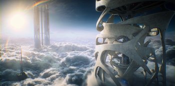 Movie still from “Altered Carbon” (2018), created by Laeta Kalogridis – An aerial view of a building in the clouds; Extreme Wide shot, Low angle
