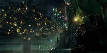 Movie still from “Altered Carbon” (2018), created by Laeta Kalogridis – People are sitting on steps in a city at night; Extreme Wide shot, High angle