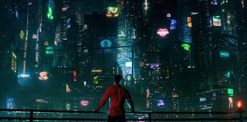 Movie still from “Altered Carbon” (2018), created by Laeta Kalogridis – A man standing in front of a large city lit up at night; Extreme Wide shot, Low angle