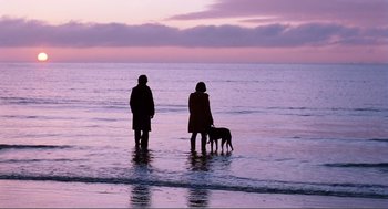 Movie still from “Submarine” (2010), directed by Richard Ayoade – Two people and a dog standing in the water at the beach; Wide shot, Over the shoulder angle