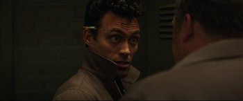 Movie still from “Suburbicon” (2017), directed by George Clooney – A person wearing a jacket; Close Up shot, Over the shoulder angle