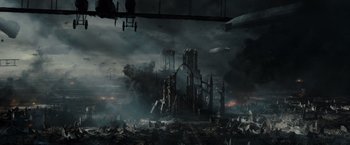 Movie still from “Sucker Punch” (2011), directed by Zack Snyder – An image of an old castle in the middle of the night; Extreme Wide shot, High angle