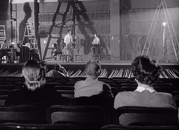 Movie still from “Sudden Fear” (1952), directed by David Miller – A group of people sitting in a theater watching a show; Wide shot, High angle