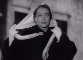 Movie still from “Sudden Fear” (1952), directed by David Miller – A black - and - white photo of a woman with a veil; Close Up shot, Low angle