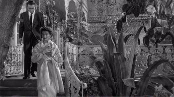 Movie still from “Suddenly, Last Summer” (1959), directed by Joseph L. Mankiewicz – An old photo of a woman standing in front of plants; Wide shot, Low angle