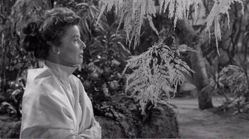 Movie still from “Suddenly, Last Summer” (1959), directed by Joseph L. Mankiewicz – An old black and white photo of a woman looking at a plant; Medium shot, Low angle