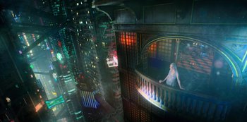 Movie still from “Altered Carbon” (2018), created by Laeta Kalogridis – A woman sitting on top of a balcony next to tall buildings; Extreme Wide shot, High angle
