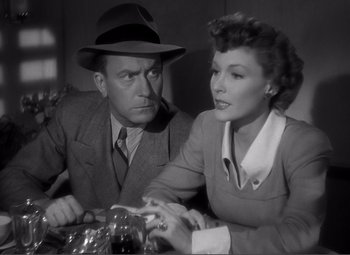 Movie still from “Sullivan's Travels” (1941), directed by Preston Sturges – An old photo of a man and a woman sitting at a table; Medium shot, Low angle