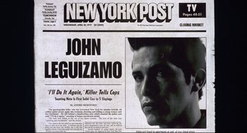 Movie still from “Summer of Sam” (1999), directed by Spike Lee – The front page of a new york newspaper; Extreme Close Up shot, Low angle