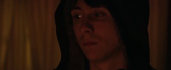 Movie still from “Super Dark Times” (2017), directed by Kevin Phillips – A young man with a hood on his head; Close Up shot, Over the shoulder angle