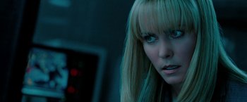 Movie still from “Surrogates” (2009), directed by Jonathan Mostow – A person with long hair; Close Up shot, Over the shoulder angle