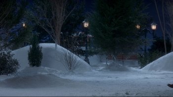 Movie still from “Surviving Christmas” (2004), directed by Mike Mitchell – A lamp post in the middle of a park covered in snow at night; Extreme Wide shot, High angle