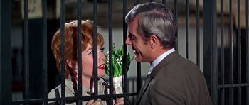 Movie still from “Sweet Charity” (1969), directed by Bob Fosse – A man and a woman holding a plant behind a fence; Close Up shot, High angle