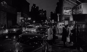 Movie still from “Sweet Smell of Success” (1957), directed by Alexander Mackendrick – A black and white photo of a busy street at night; Extreme Wide shot, High angle