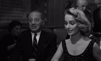 Movie still from “Sweet Smell of Success” (1957), directed by Alexander Mackendrick – An older man and woman sitting at a dinner table; Close Up shot, Over the shoulder angle