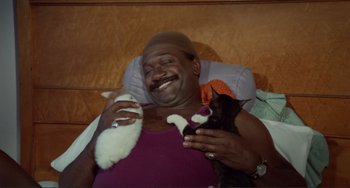 Movie still from “Sweet Sweetback's Baadasssss Song” (1971), directed by Melvin Van Peebles – A man holding two cats while sitting in a chair; Medium shot, High angle