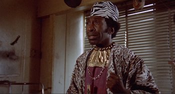 Movie still from “Sweet Sweetback's Baadasssss Song” (1971), directed by Melvin Van Peebles – A man wearing a zebra print outfit and a gold necklace; Medium shot, Low angle