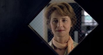 A woman is looking at the camera through a fence