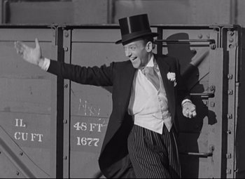 Movie still from “Swing Time” (1936), directed by George Stevens – A black and white photo of a man in a top hat and suit; Medium shot, High angle