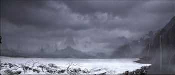 Movie still from “Sympathy for Lady Vengeance” (2005) – A view of a mountain range with a cloudy sky in the background; Extreme Wide shot, High angle