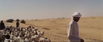 Movie still from “Syriana” (2005), directed by Stephen Gaghan – A man herds a herd of cattle in the desert; Wide shot, Over the shoulder angle