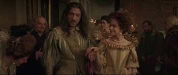 Movie still from “Tale of Tales” (2015), directed by Matteo Garrone – A man and a woman dressed in renaissance clothing; Medium shot, Over the shoulder angle