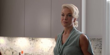 Movie still from “Ted Lasso” (2020), created by Brendan Hunt – A woman with blonde hair wearing a blue top; Close Up shot, Over the shoulder angle
