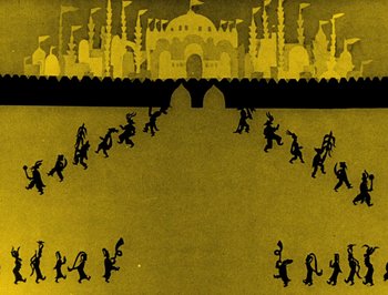 Movie still from “The Adventures of Prince Achmed” (1926), directed by Lotte Reiniger – A group of people are running in front of a castle; Extreme Wide shot, Overhead angle