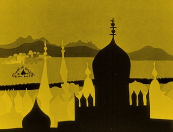 Movie still from “The Adventures of Prince Achmed” (1926), directed by Lotte Reiniger – A painting of a castle with a lake in the background; Extreme Wide shot, High angle