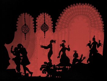 Movie still from “The Adventures of Prince Achmed” (1926), directed by Lotte Reiniger – A silhouette of a man and a woman dancing in front of a wall; Extreme Wide shot, Overhead angle