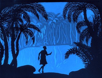 Movie still from “The Adventures of Prince Achmed” (1926), directed by Lotte Reiniger – A silhouette of a man holding something in his hand; Wide shot, High angle