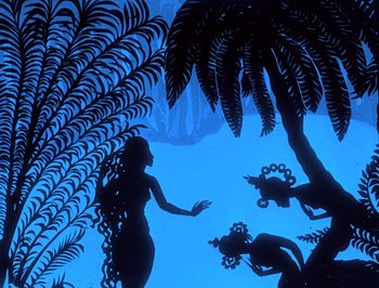 Movie still from “The Adventures of Prince Achmed” (1926), directed by Lotte Reiniger – A silhouette of a woman in the water with palm trees; Extreme Wide shot, Low angle