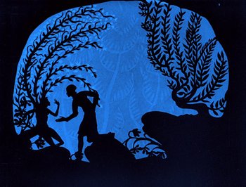 Movie still from “The Adventures of Prince Achmed” (1926), directed by Lotte Reiniger – A silhouette of a man and a woman in a forest; Wide shot, Overhead angle