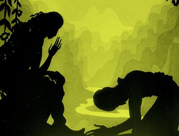 Movie still from “The Adventures of Prince Achmed” (1926), directed by Lotte Reiniger – A silhouette of a man kneeling down next to a woman; Medium shot, Low angle