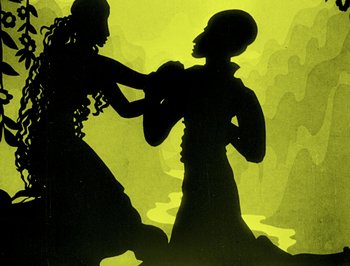 Movie still from “The Adventures of Prince Achmed” (1926), directed by Lotte Reiniger – A couple of people that are fighting in the dark; Wide shot, Low angle
