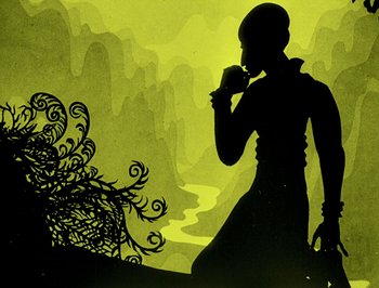 Movie still from “The Adventures of Prince Achmed” (1926), directed by Lotte Reiniger – A silhouette of a person standing next to a tree; Medium shot, Low angle