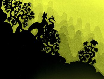 Movie still from “The Adventures of Prince Achmed” (1926), directed by Lotte Reiniger – A silhouette of a tree and a dog on a hill; Extreme Wide shot, Low angle