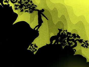 Movie still from “The Adventures of Prince Achmed” (1926), directed by Lotte Reiniger – A man standing on top of a cliff next to a dog; Extreme Wide shot, Overhead angle