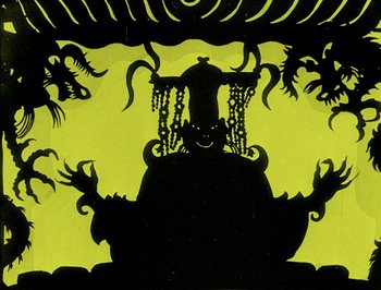 Movie still from “The Adventures of Prince Achmed” (1926), directed by Lotte Reiniger – A shadow puppet of a dragon on a yellow background; Wide shot, Low angle