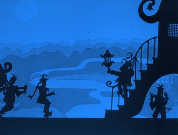 Movie still from “The Adventures of Prince Achmed” (1926), directed by Lotte Reiniger – A shadow puppet of a man and a woman in the night sky; Wide shot, Low angle