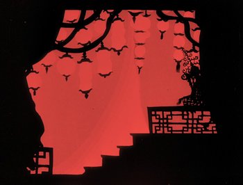 Movie still from “The Adventures of Prince Achmed” (1926), directed by Lotte Reiniger – A stage set with stairs and bats hanging from the ceiling; Wide shot, Low angle