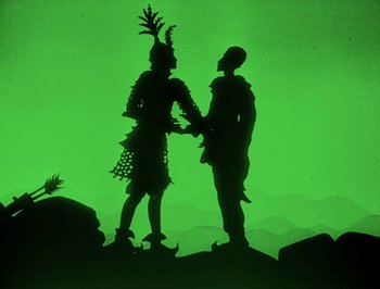Movie still from “The Adventures of Prince Achmed” (1926), directed by Lotte Reiniger – A silhouette of a man and a woman shaking hands; Wide shot, Low angle