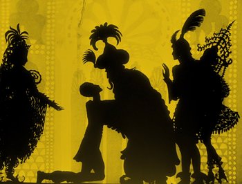 Movie still from “The Adventures of Prince Achmed” (1926), directed by Lotte Reiniger – A group of people standing next to each other on a stage; Wide shot, Low angle