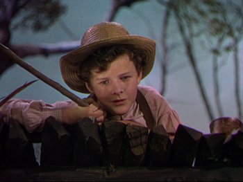 Movie still from “The Adventures of Tom Sawyer” (1938), directed by Norman Taurog – A young boy wearing a straw hat holding a stick; Medium shot, High angle