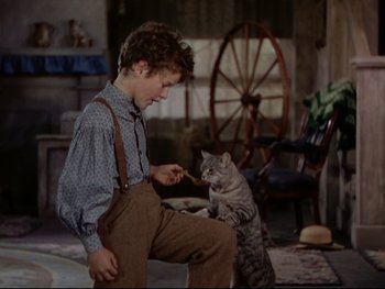 Movie still from “The Adventures of Tom Sawyer” (1938), directed by Norman Taurog – A young boy standing next to a cat in a living room; Medium shot, High angle