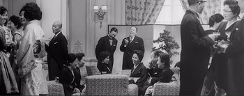 Movie still from “The Bad Sleep Well” (1960), directed by Akira Kurosawa – A group of people sitting around a room; Medium shot, Low angle